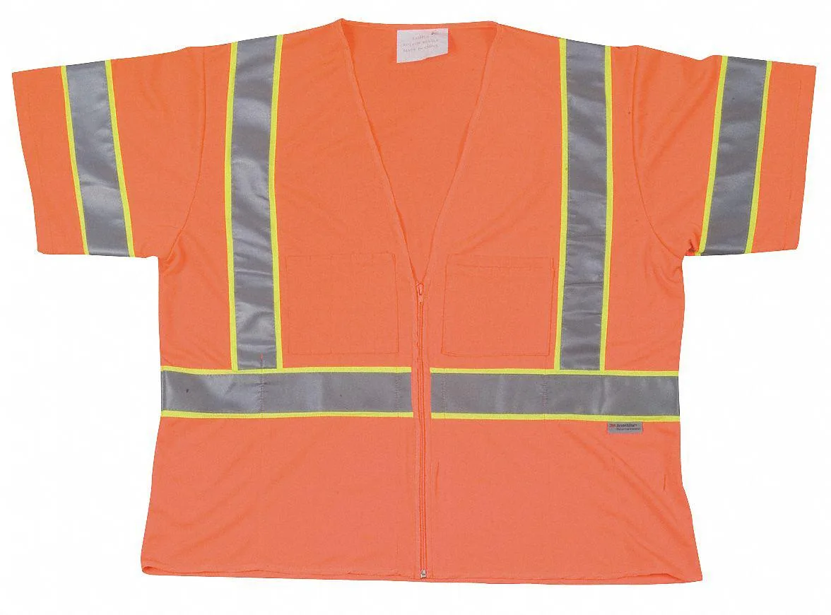 Orange high-visibility vest with silver reflective stripes and zipper front