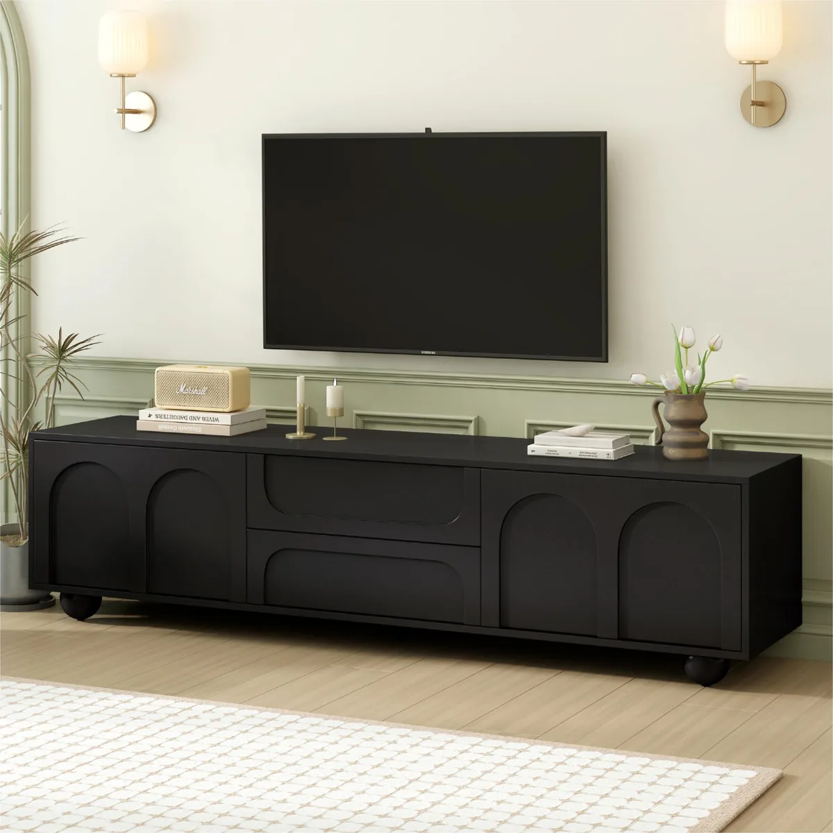 tuphen tuphen TV Stand 69.6W Black 75" Arched Doors 2 Drawers Rebound Device 5 Iron Legs — product photo