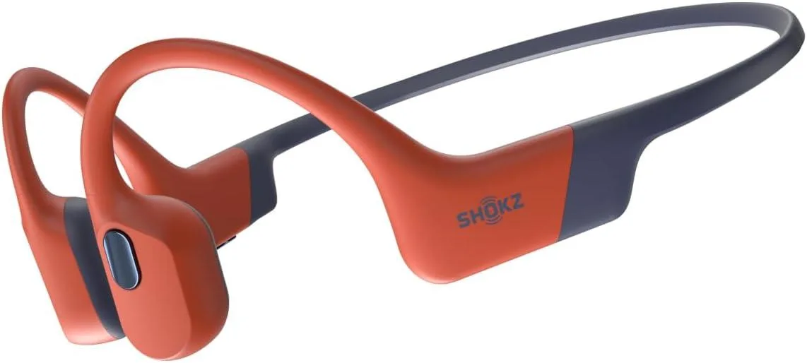 Red open-ear bone conduction headphones with secure wraparound frame