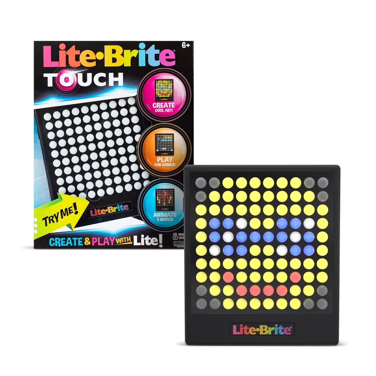 Rectangular plastic Lite-Brite Touch unit with 100 light-up buttons and 12 art guides
