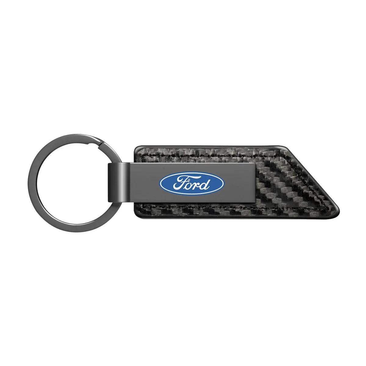 Black leather key fob with gunmetal Ford logo strip, carbon fibre texture, flat split ring