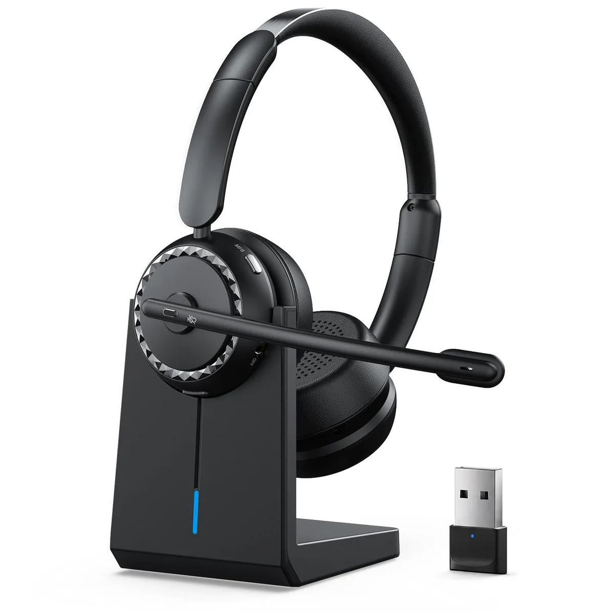 Glossy black on-ear wireless headset with boom mic and charging dock