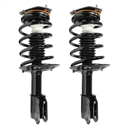 Two silver front strut assemblies with coil springs and top mounts, sold as a pair