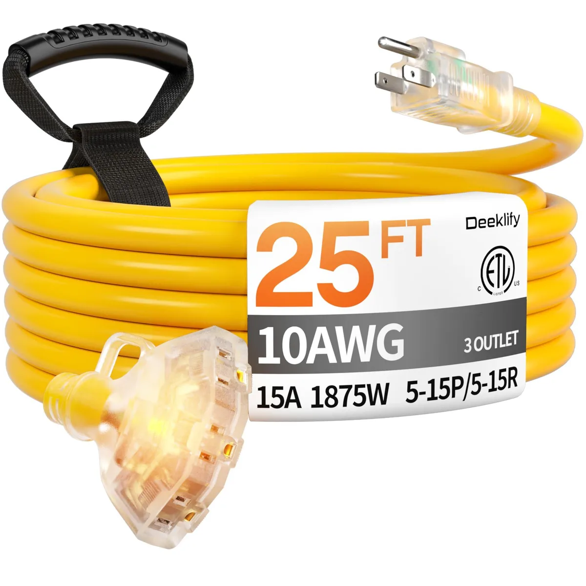  Deeklify 10 Gauge 25 ft 3 Outlet Extension Cord Splitter with Indicator — product photo