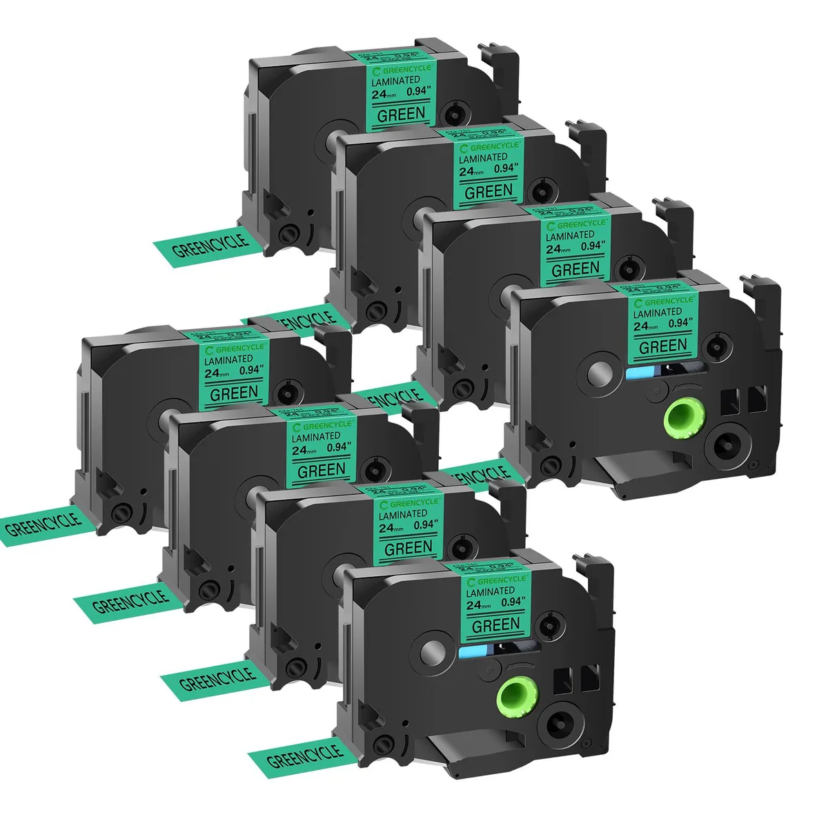 GREENCYCLE GREENCYCLE TZe-751 24mm Black on Green Laminated Label Tape 8 Pack — product photo