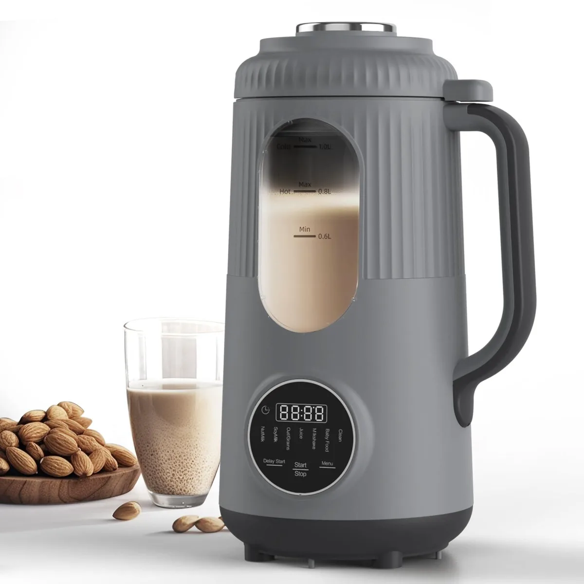 Grey glass countertop nut milk maker with viewing window