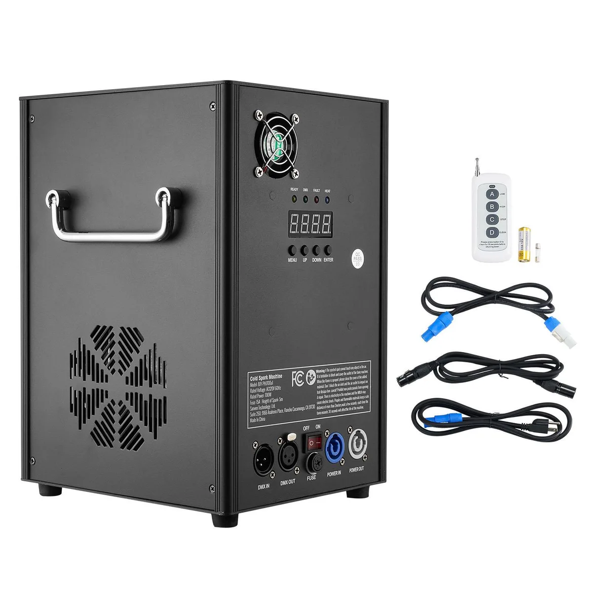 Black rectangular cold spark machine with aluminum alloy housing, LED screen and carry handle