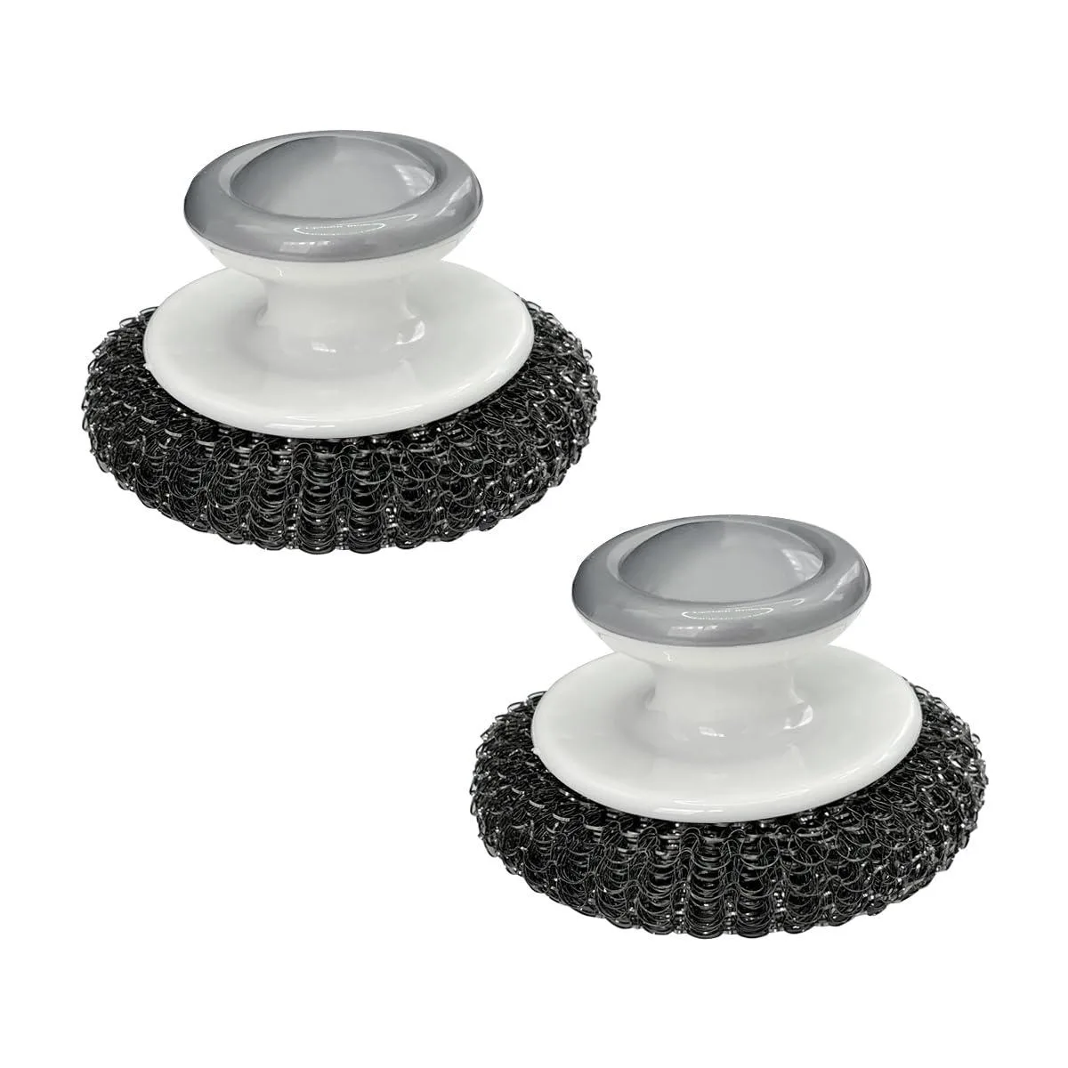 Two stainless steel spiral scrubbers with handles, metallic silver finish