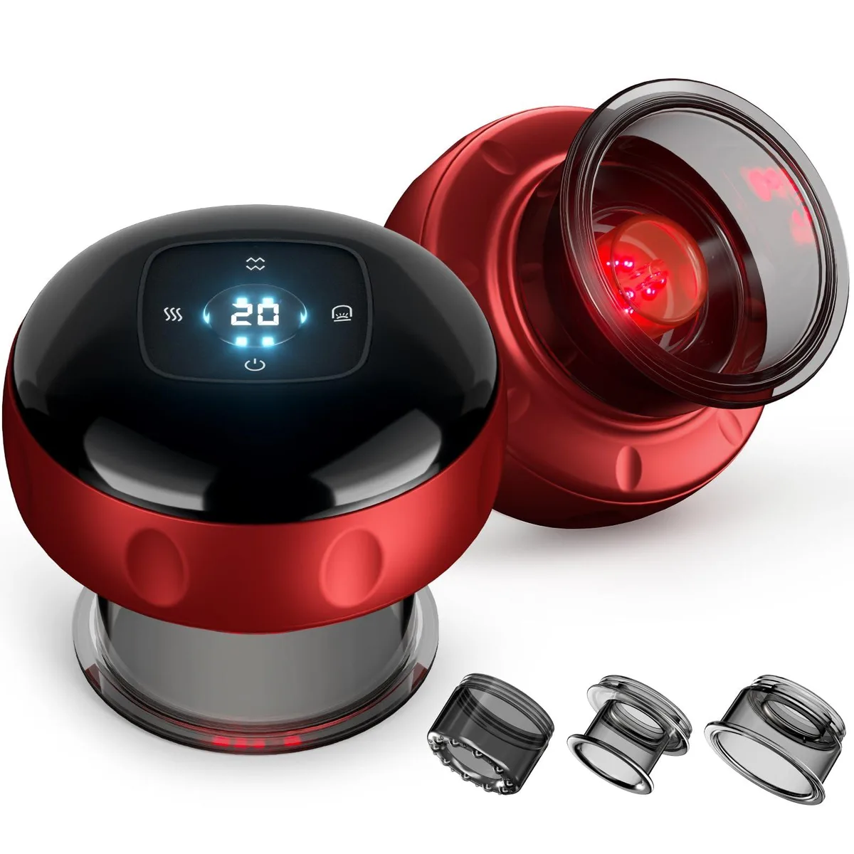 Two red plastic cupping devices, rounded cylinders with smooth matte finish