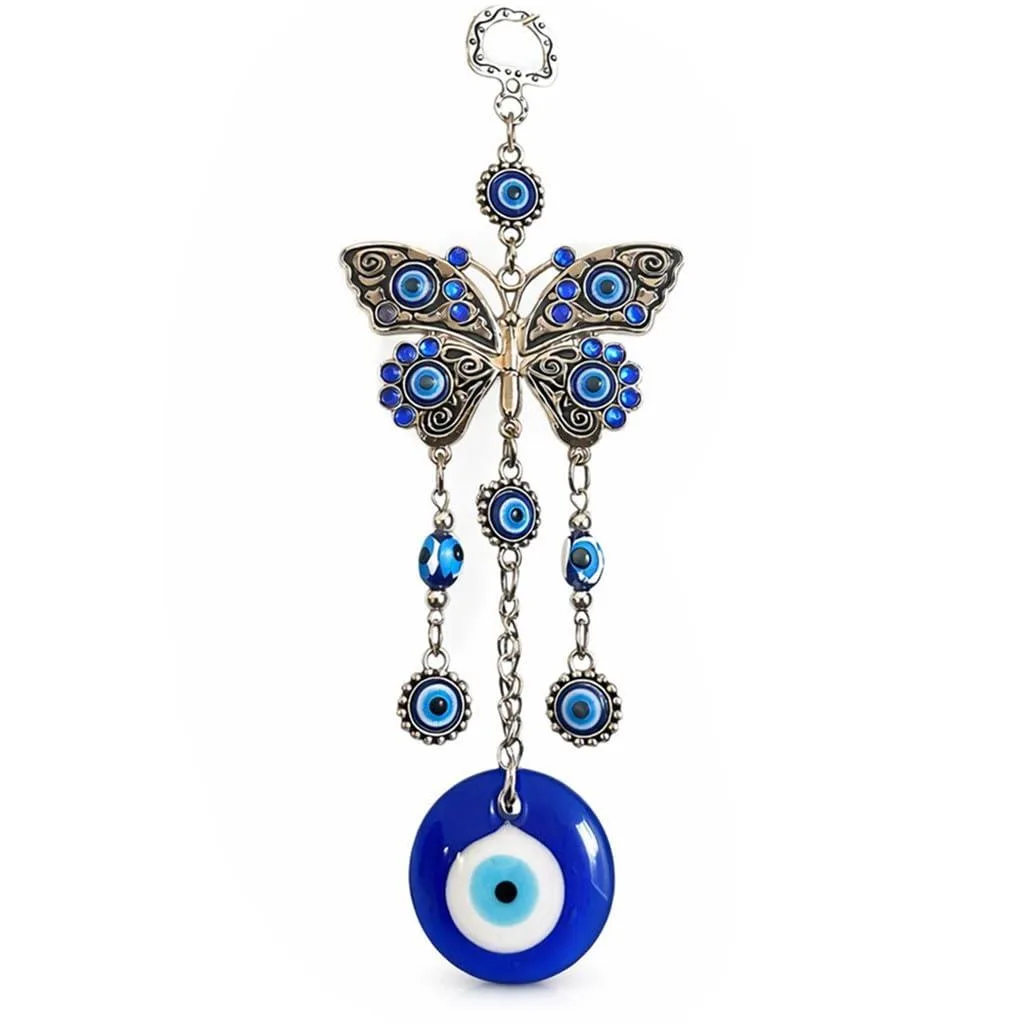 Blue metal butterfly hanging with glass evil eye disc and chain