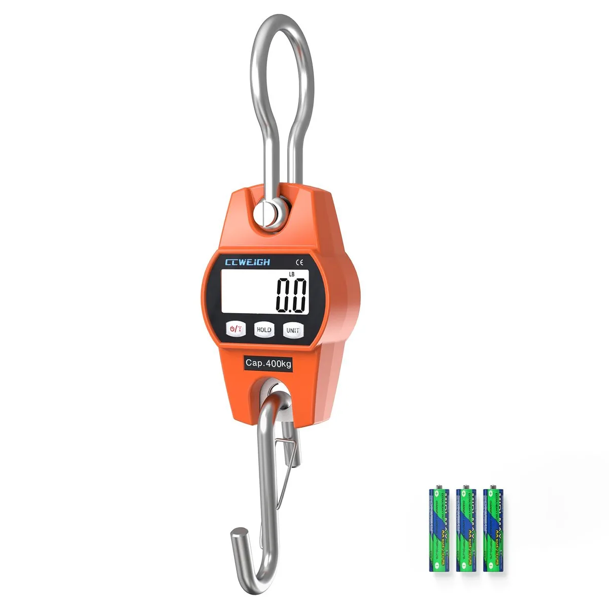 Orange ABS handheld crane scale with stainless hook and backlit LCD display