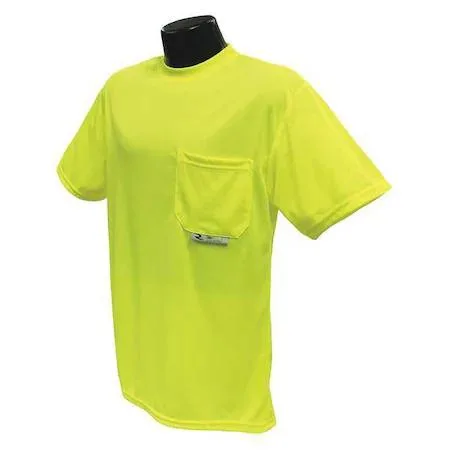 Large unisex short-sleeve high-visibility green polyester mesh T-shirt with left chest pocket