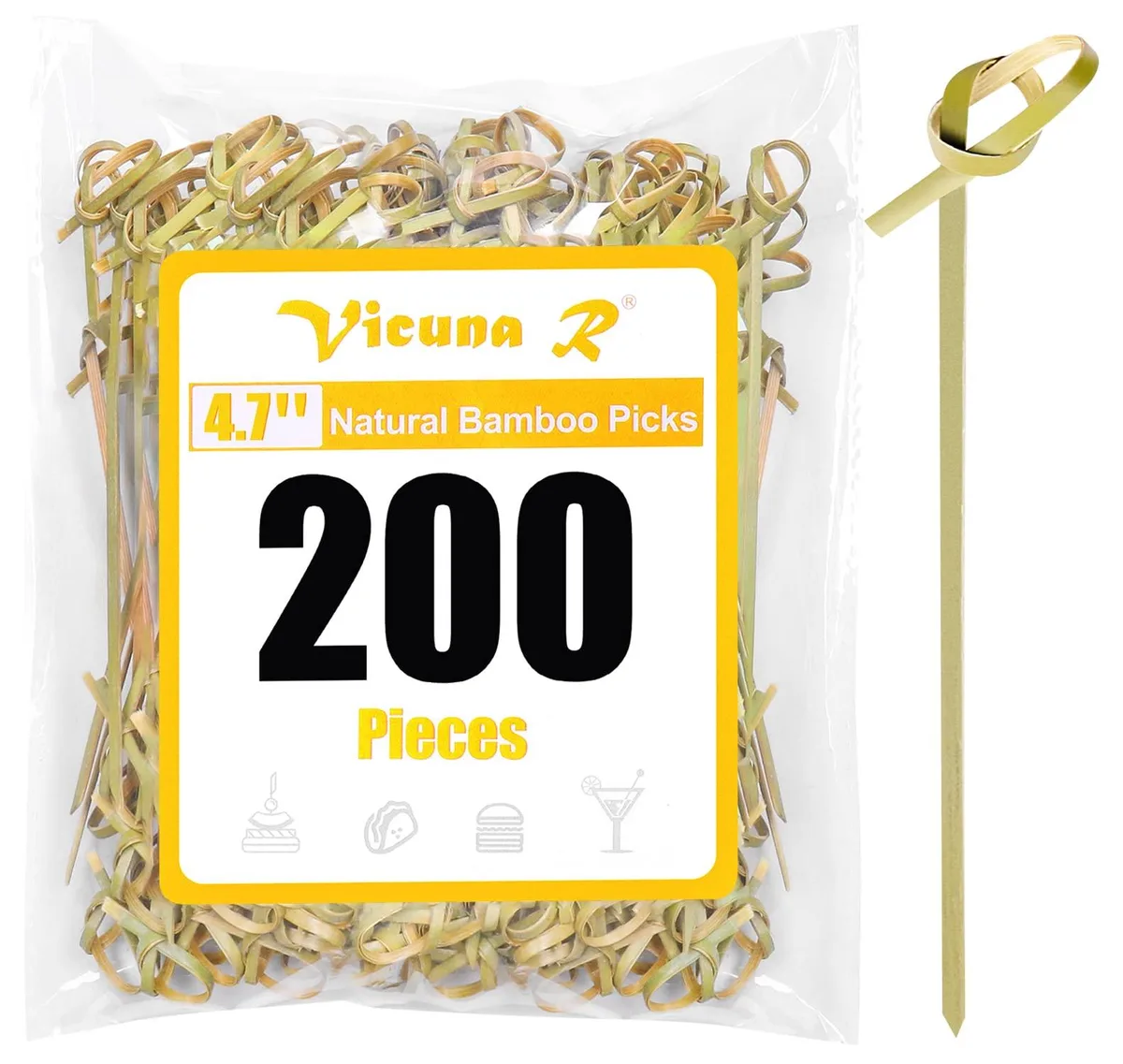 Bundle of 200 natural bamboo cocktail picks with decorative knot tops, 4.7 inch length