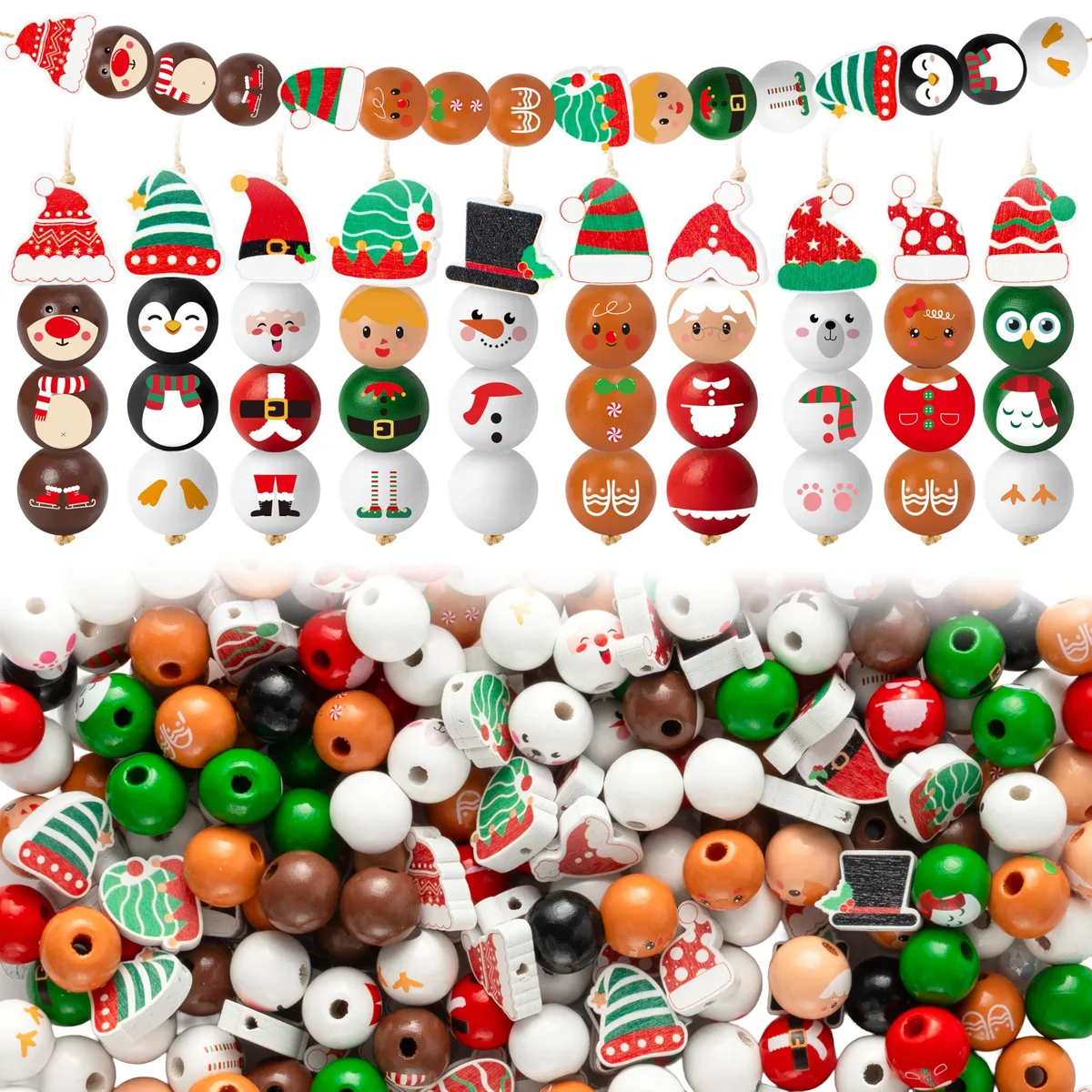 Assorted wooden Christmas beads with twine, 240 pieces in festive shapes and colors