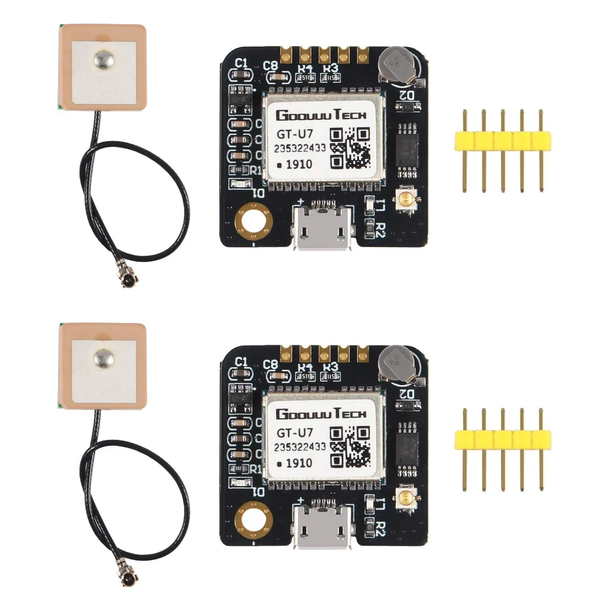 Two small green circuit boards with USB connectors and IPX antenna ports side by side