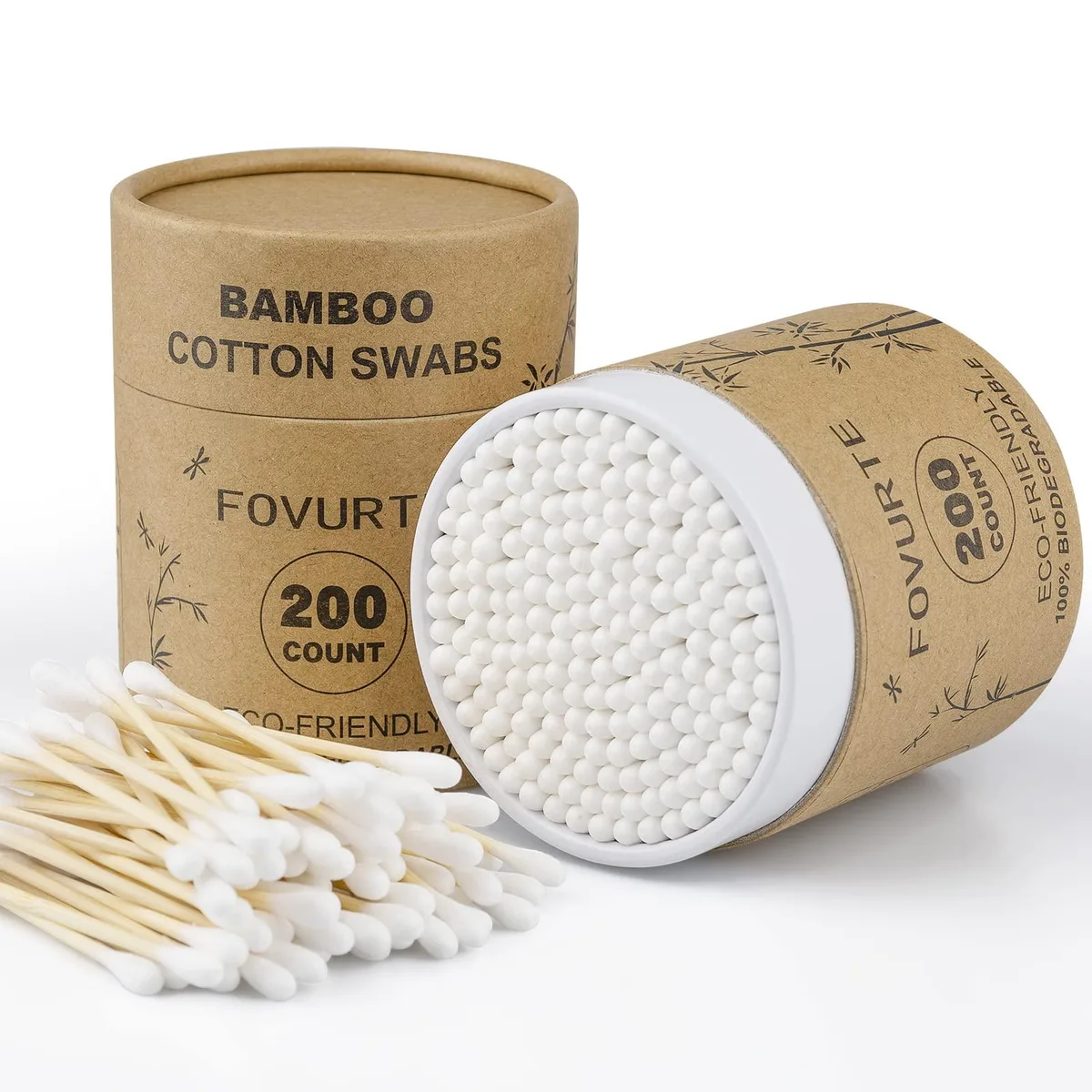 White cardboard box holding 400 bamboo cotton swabs with dual round tips