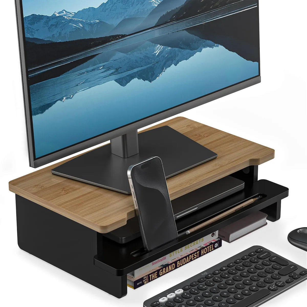 WELL WENG 16.5 Inch Wood Monitor Stand Black Dark Bamboo — product photo