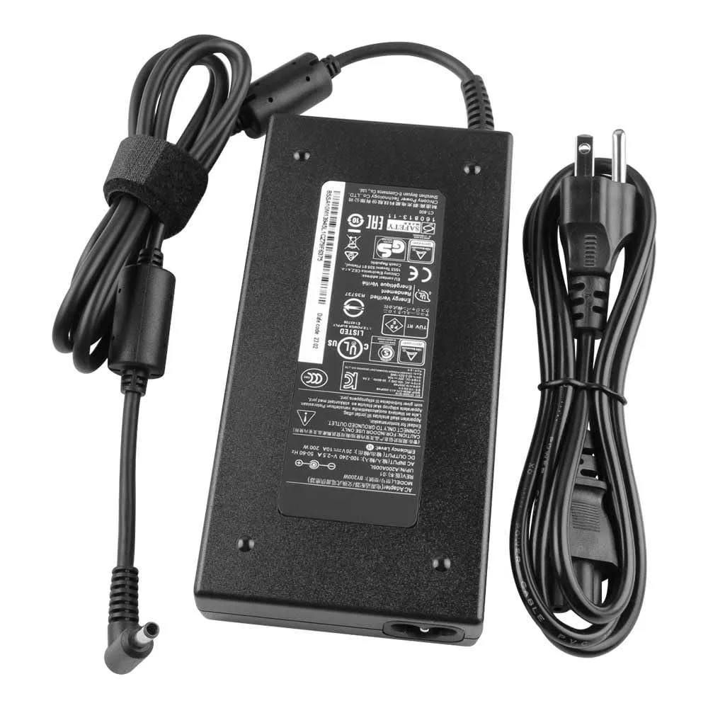 Black rectangular power brick with barrel connector and detachable mains lead