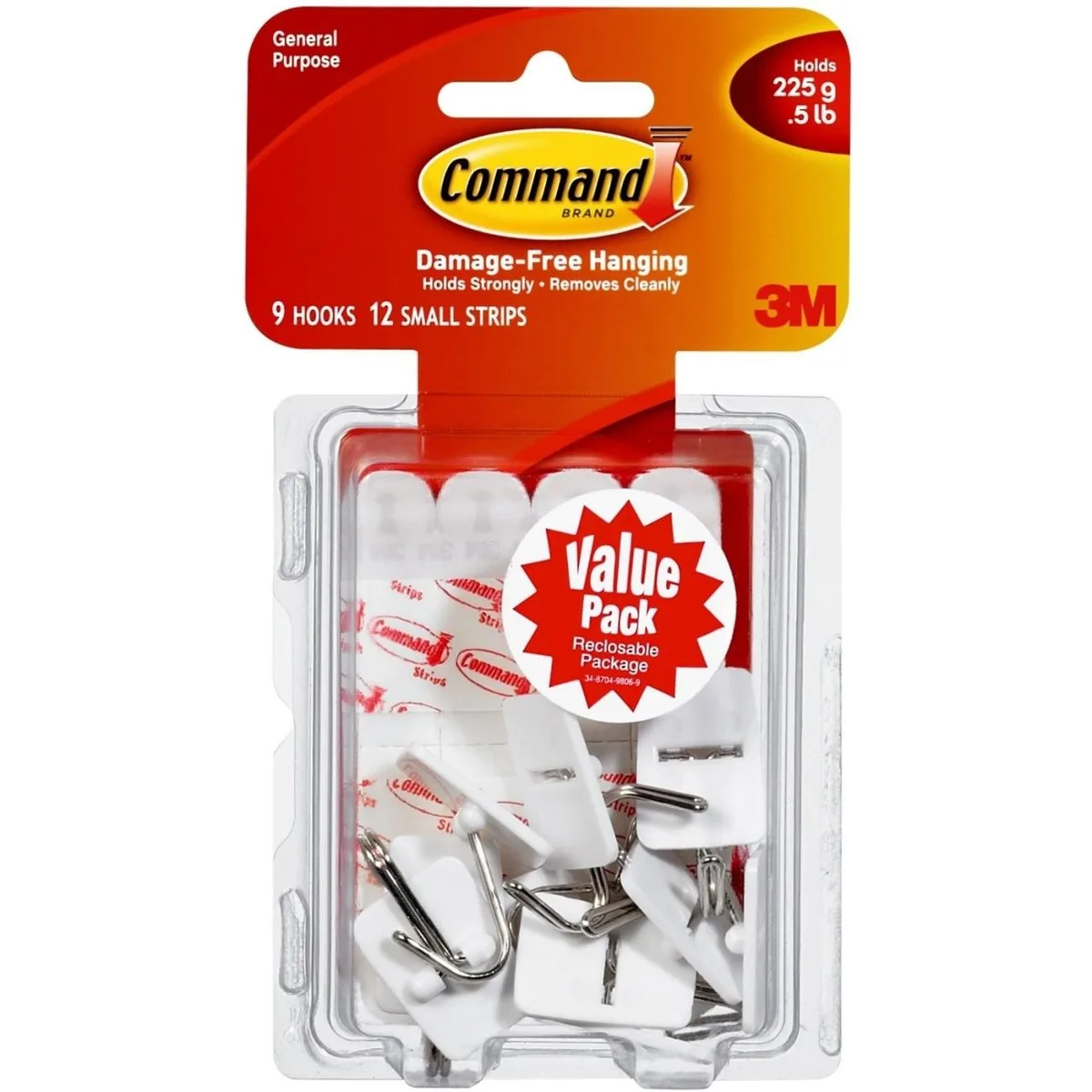 Nine white plastic hooks with wire loops on a backing card