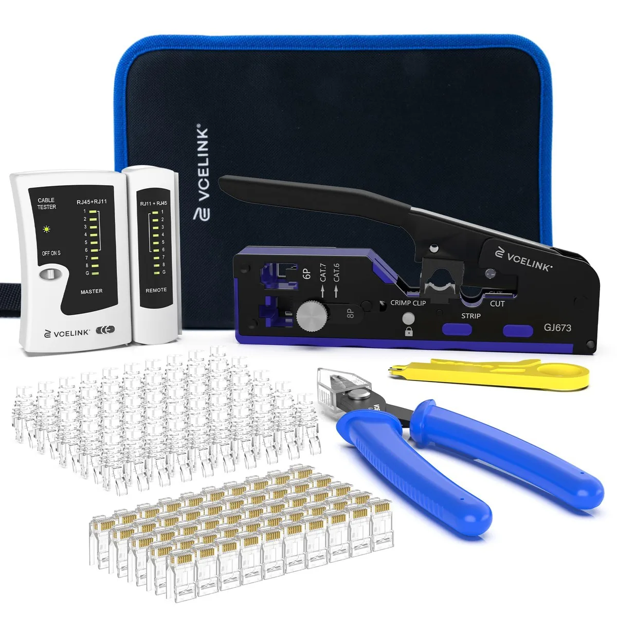  Zebra GJ673-TS1 RJ45 Crimp Tool Kit with 50 Connectors, Tester, Stripper, Cutter, Blue — product photo