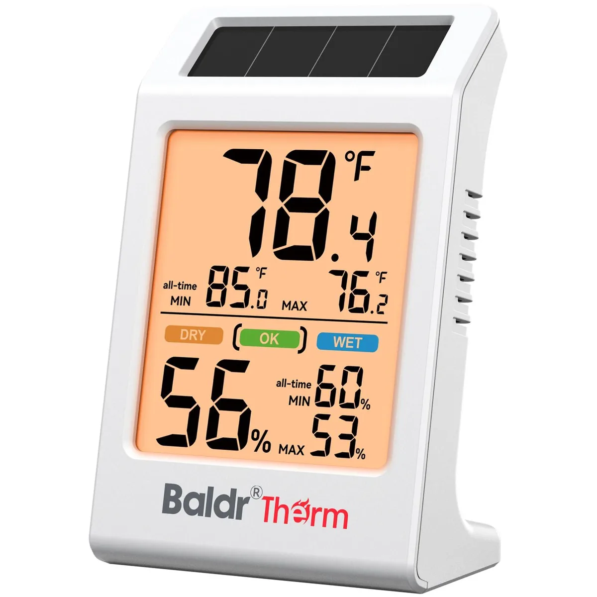 Black rectangular infrared thermometer with 3.2 inch display and solar panel on top