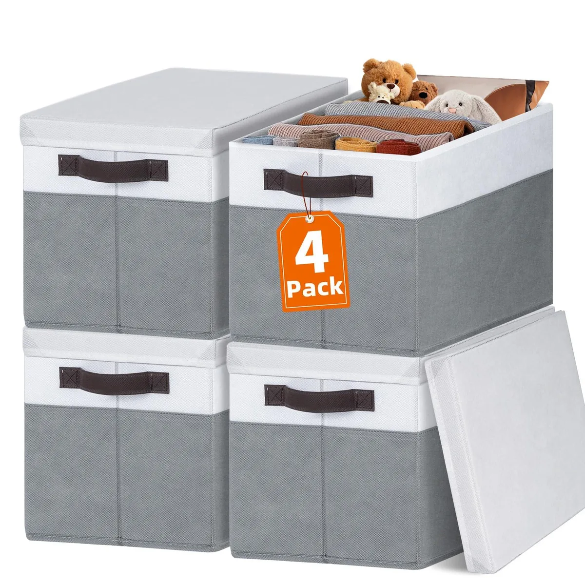 Four stackable fabric storage bins with removable lids, each with two side handles