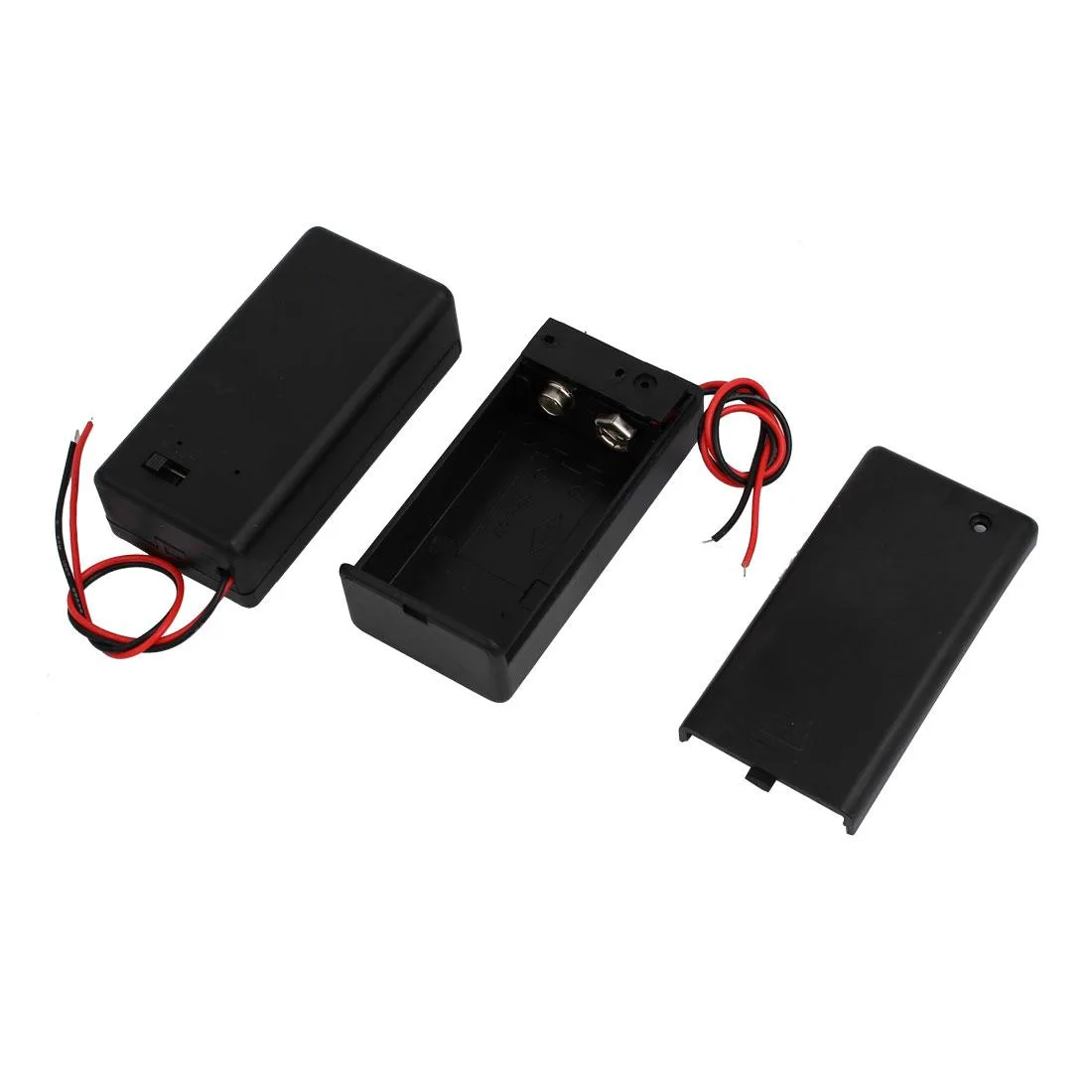 Two black plastic battery holders with ON/OFF switches and covered wires, 41g each