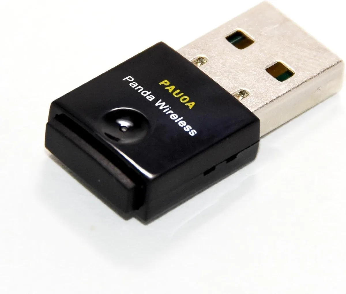 Small black USB wireless adapter with fold-out antenna