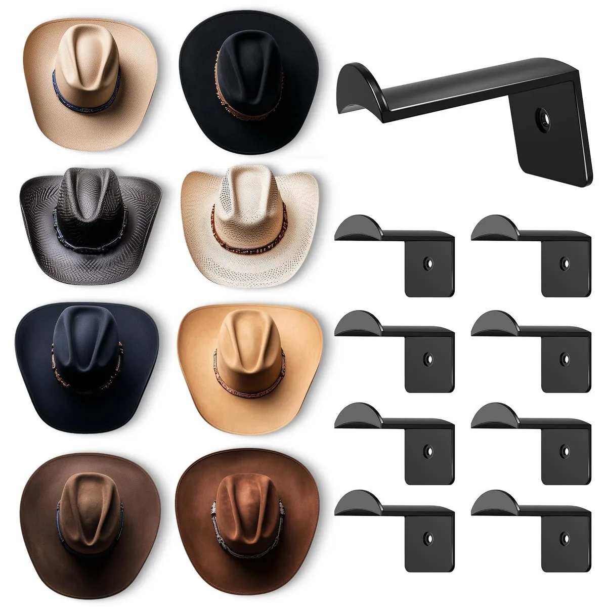 Eight black adhesive hooks on a white background