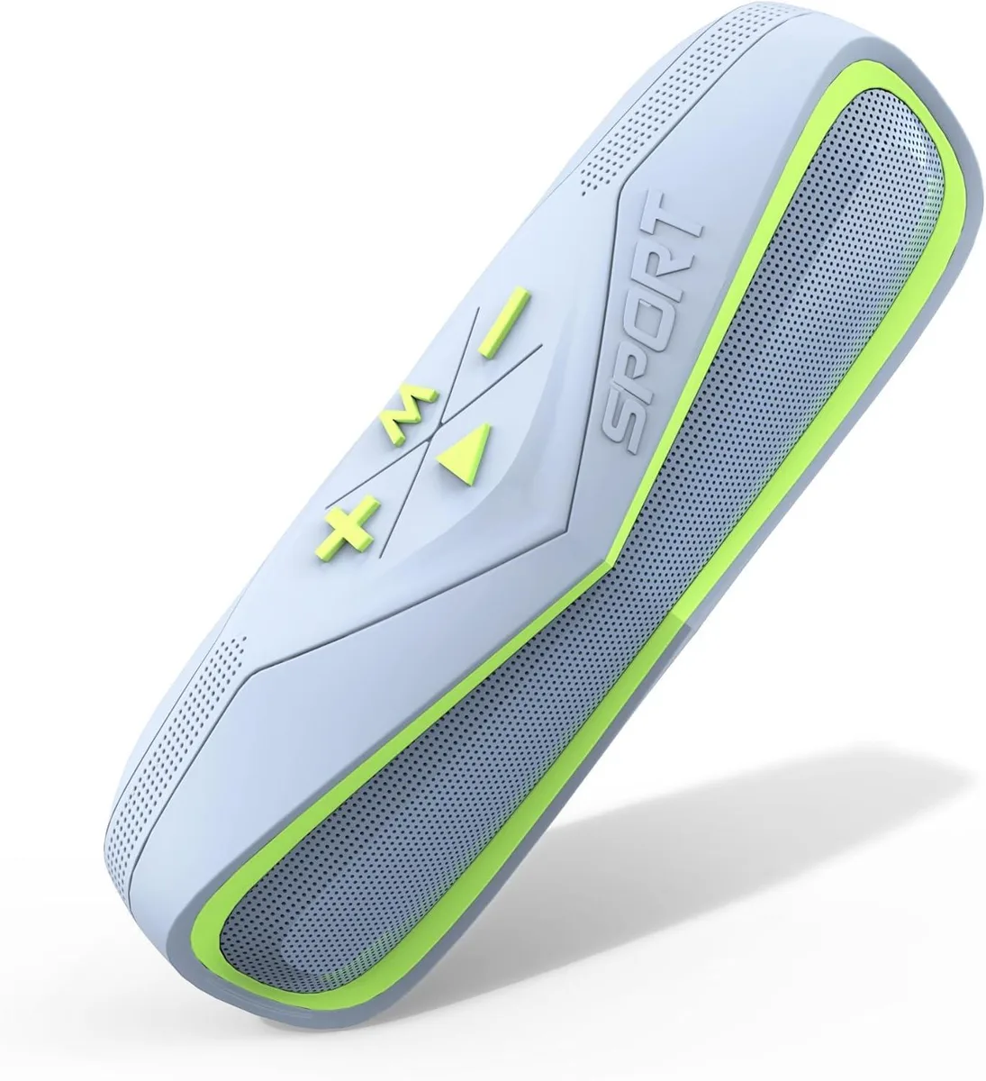 Green figure-eight portable speaker with silicone finish and mountaineering buckle