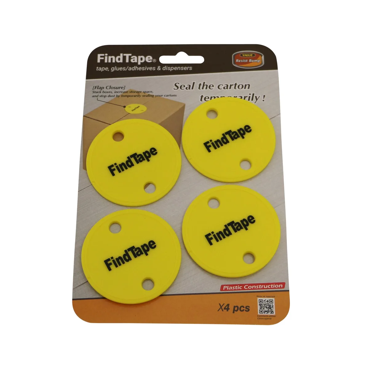 Blue and yellow plastic box flap closures, four pieces, each about two and a half inches across