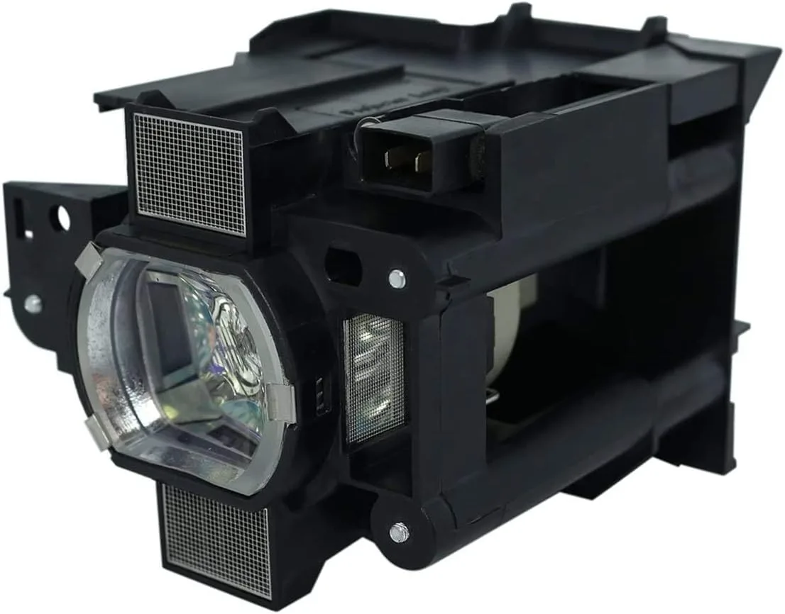 A rectangular black projector lamp module with a clear glass bulb inside a metal housing