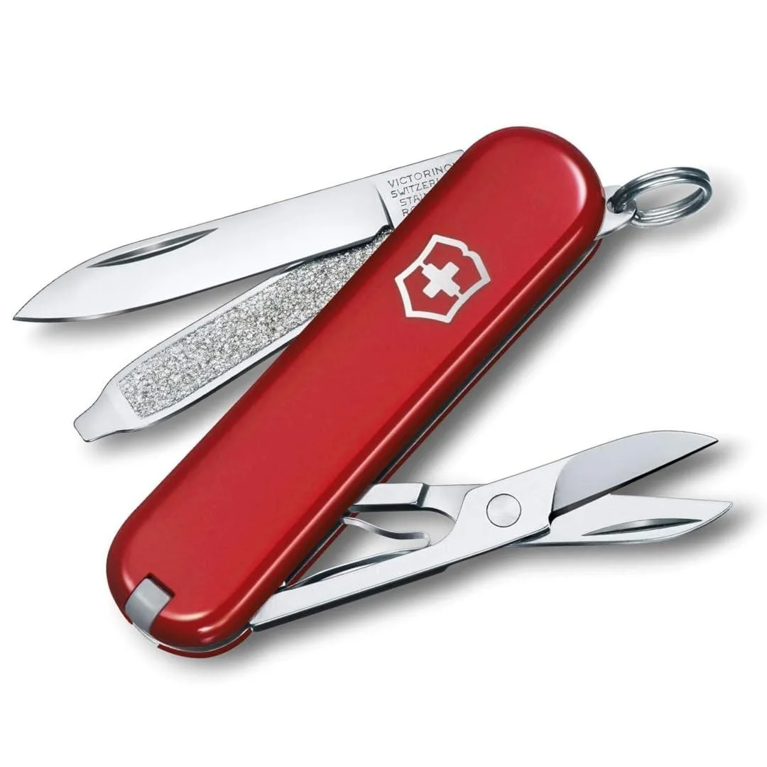 Red pocket knife, 58 mm long, wood handle, key ring attached