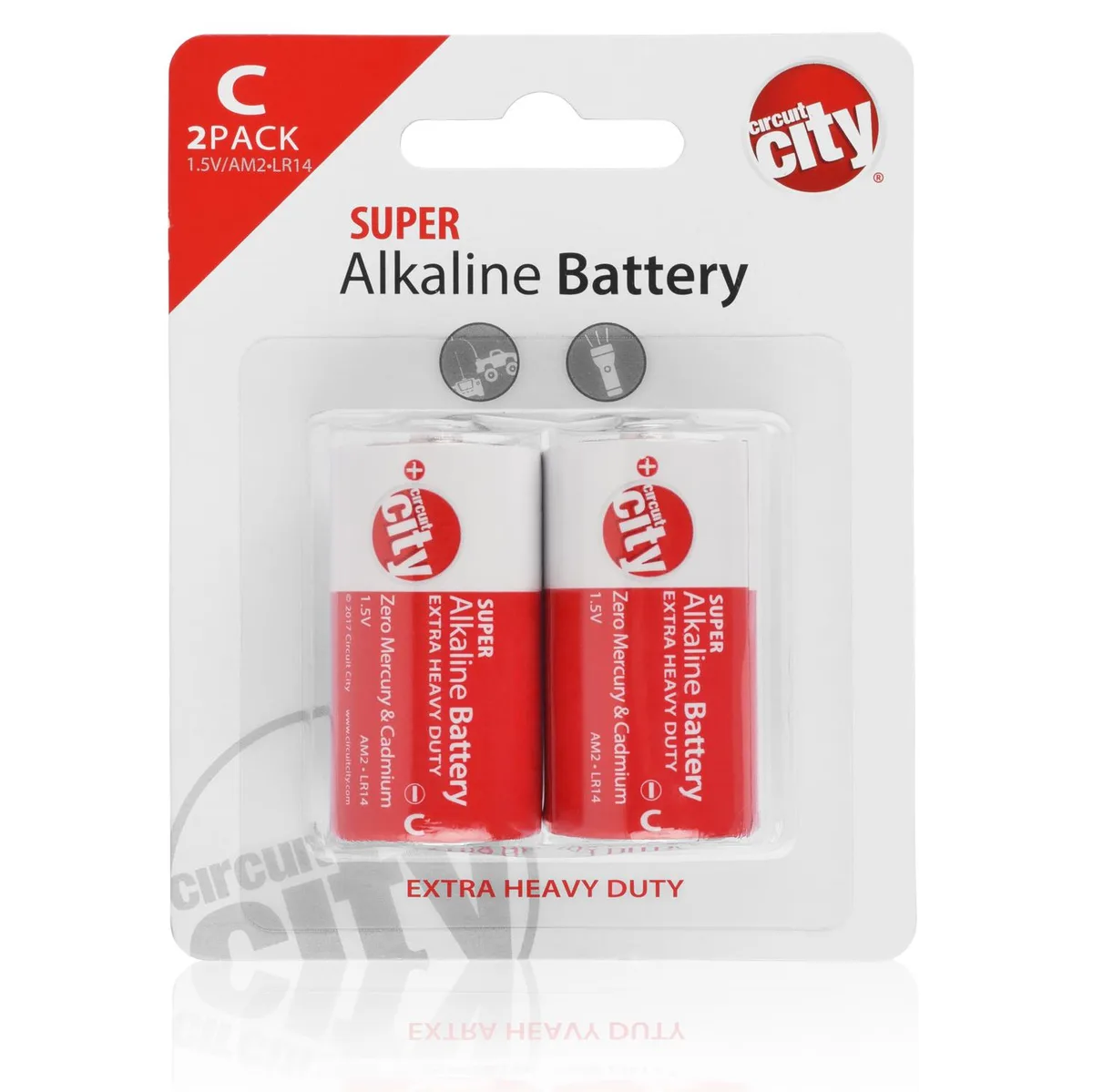 Four Circuit City alkaline batteries, two C and two D cells, in retail packaging