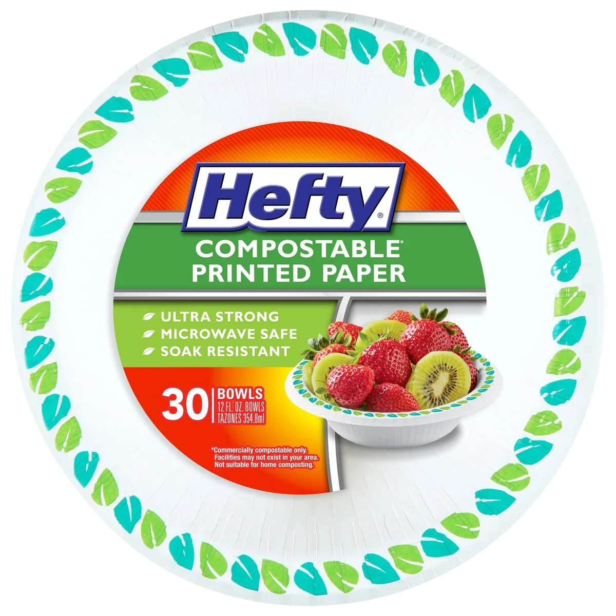 Pack of 30 white round 12 oz compostable paper bowls with leaf pattern