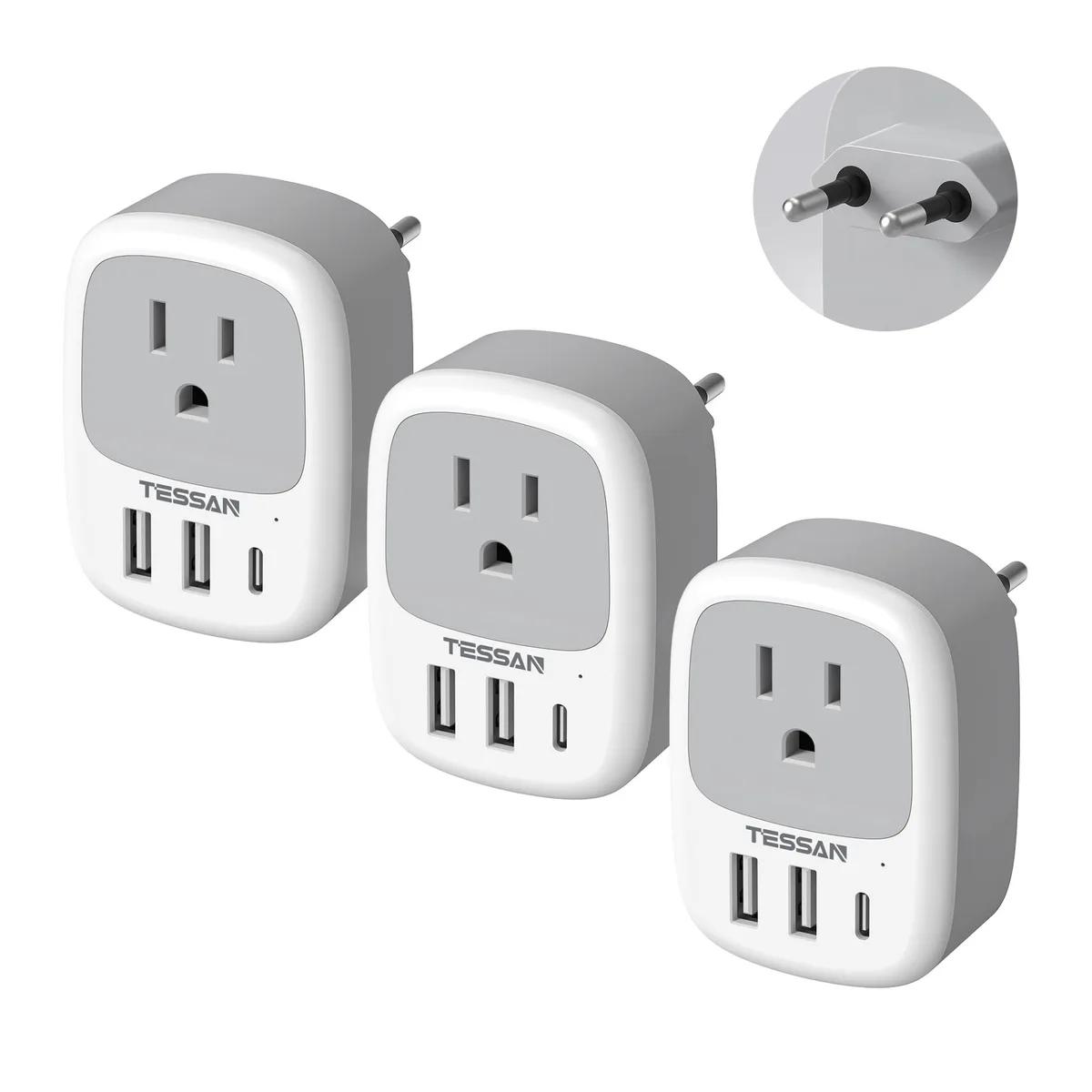 TESSAN TS-AP2U-EU 3-Pack Type C Travel Adapter with 3 USB Ports — product photo