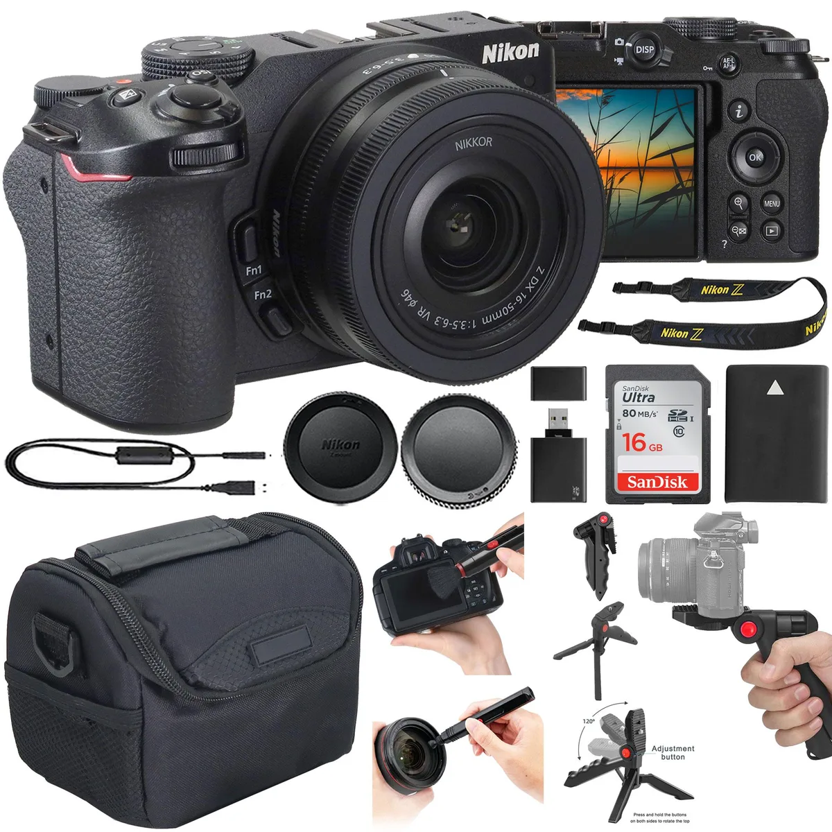 Nikon Global Nikon Z30 compact mirrorless camera with 16-50mm lens and accessory kit — product photo