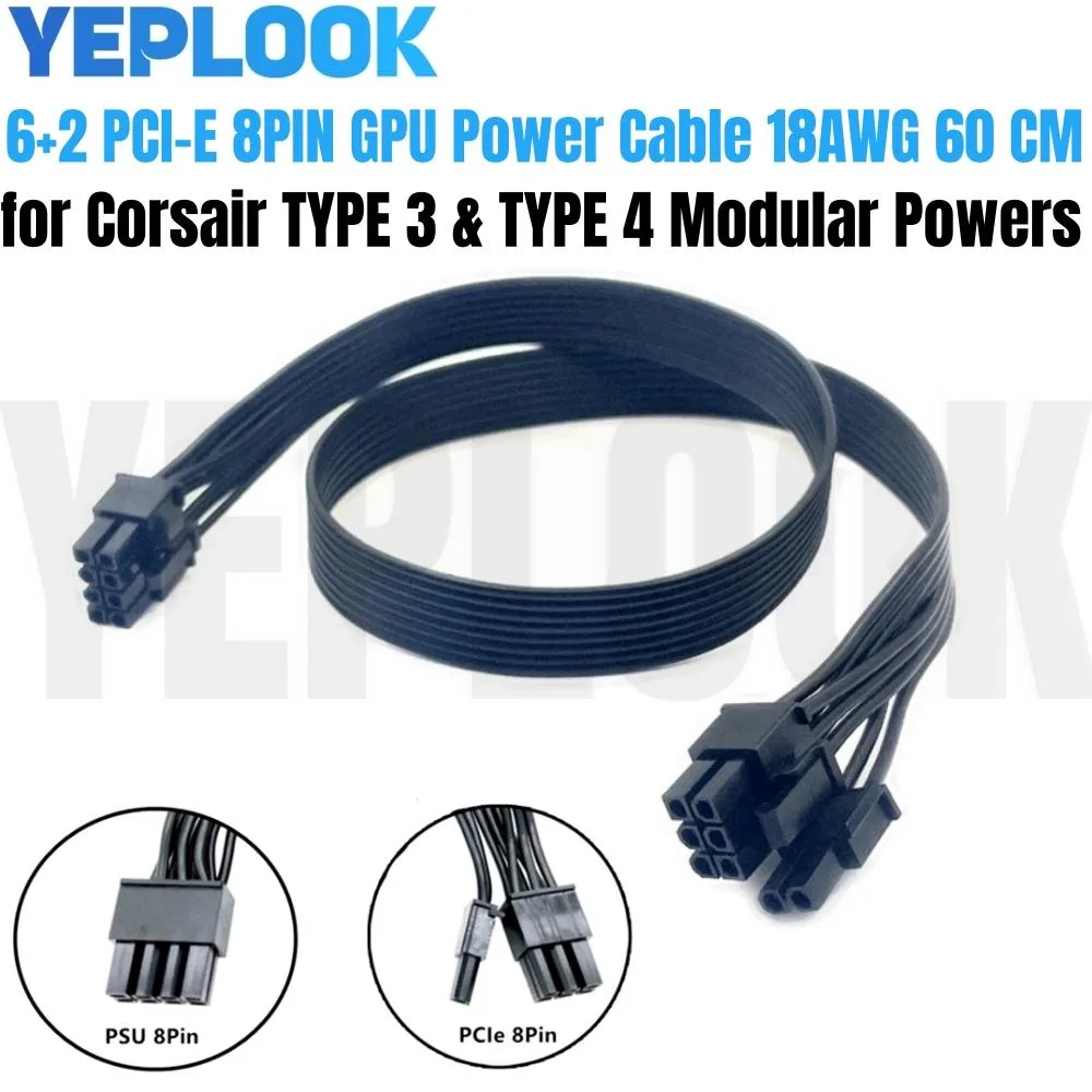 YEPLOOK YEPLOOK PCIe 8Pin 6+2Pin GPU Power Cable for Corsair RM450 RM550 RM650 RM750 RM850 RM1000 18AWG 60CM — product photo