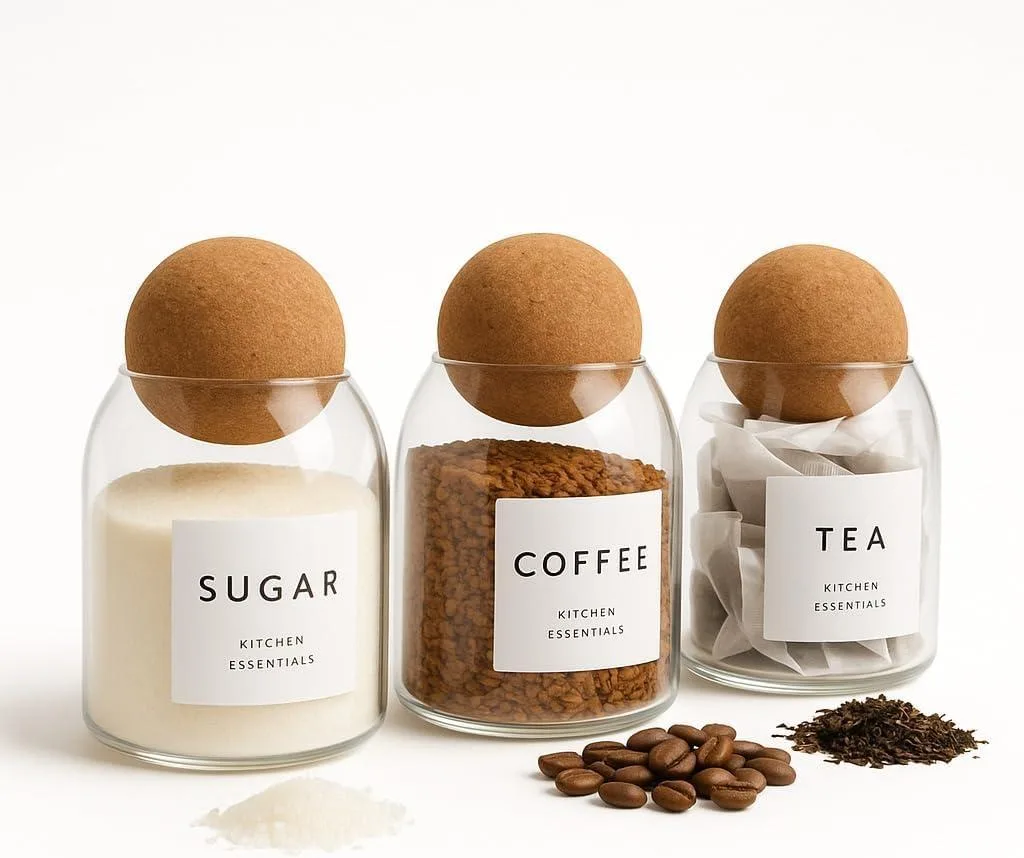 Three transparent glass jars with cork ball lids and tea coffee sugar labels