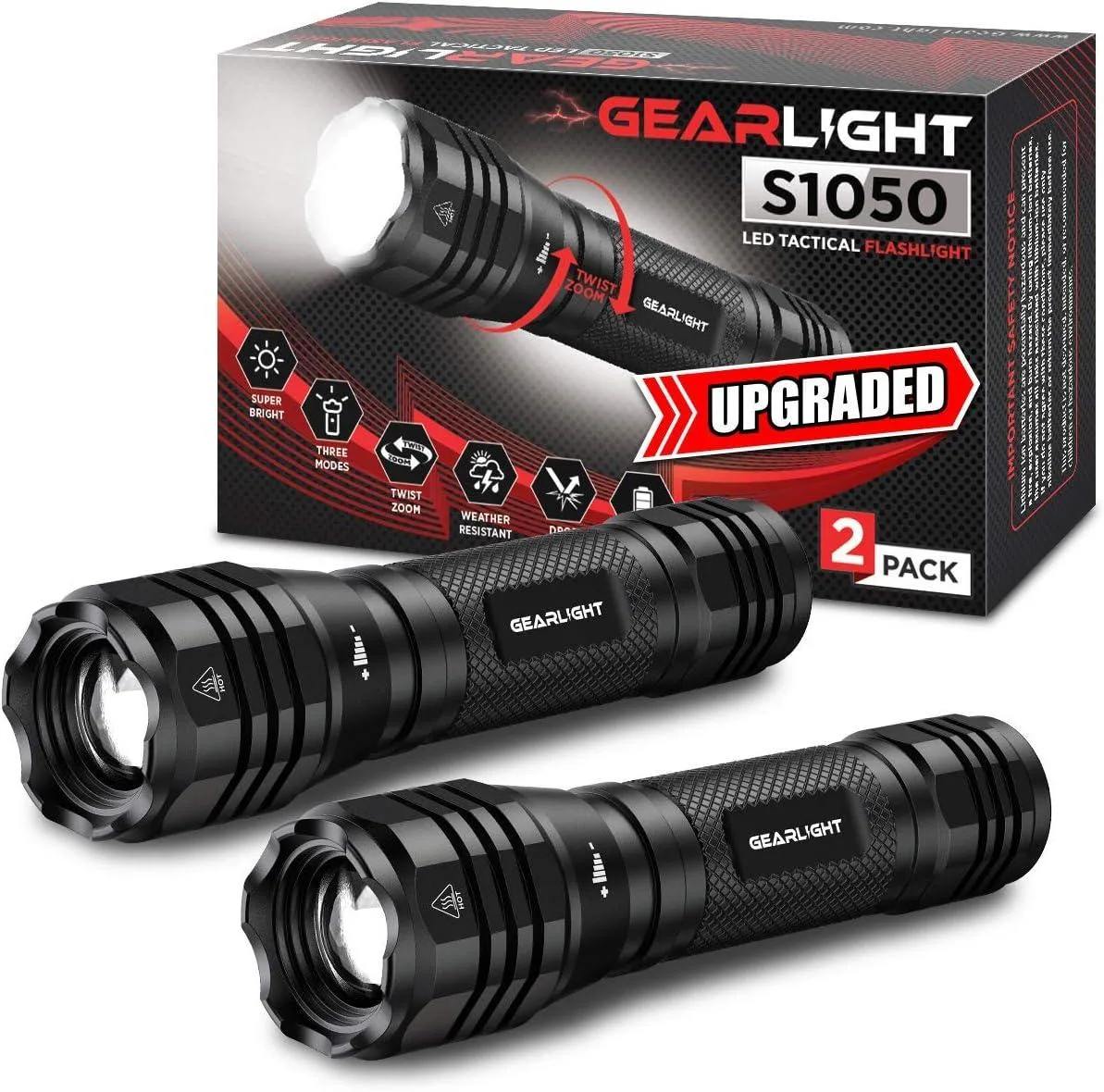 Two black aluminium flashlights with zoom heads and wrist straps