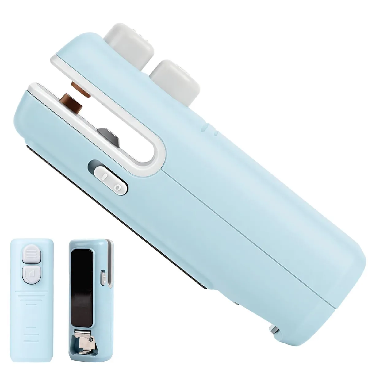 Small blue plastic handheld bag sealer with cutter and magnet