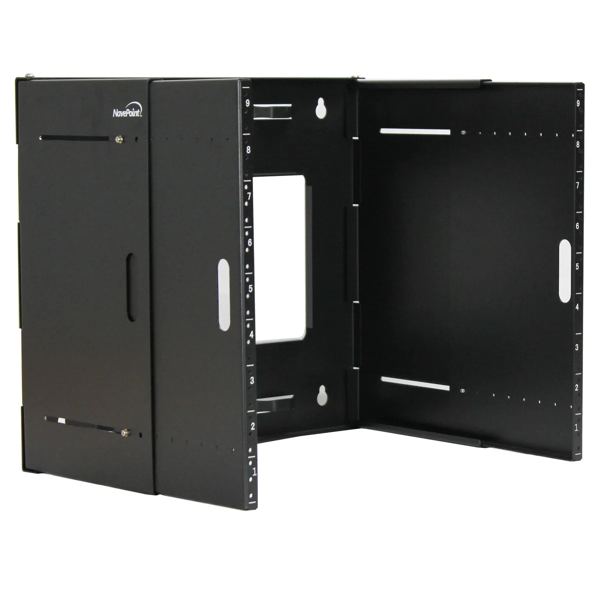 Black 9U wall-mount bracket, 19 inch wide, depth extends 9.5 to 15.5 inches, folded flat