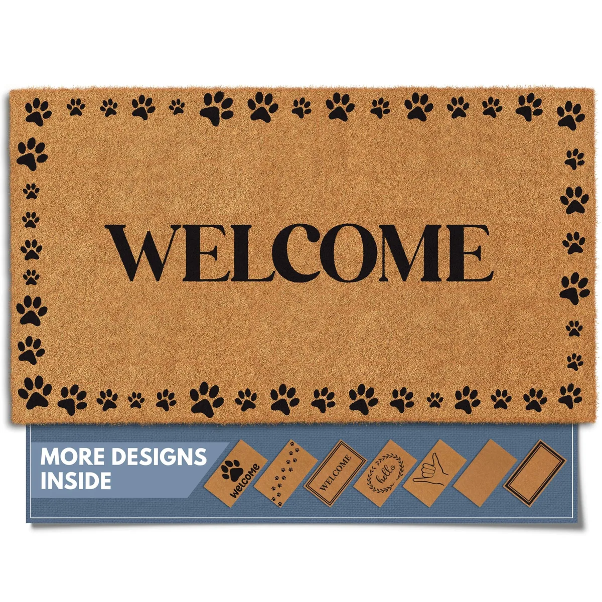 Rectangular natural coir doormat with paw-print border, 30 by 17 inches