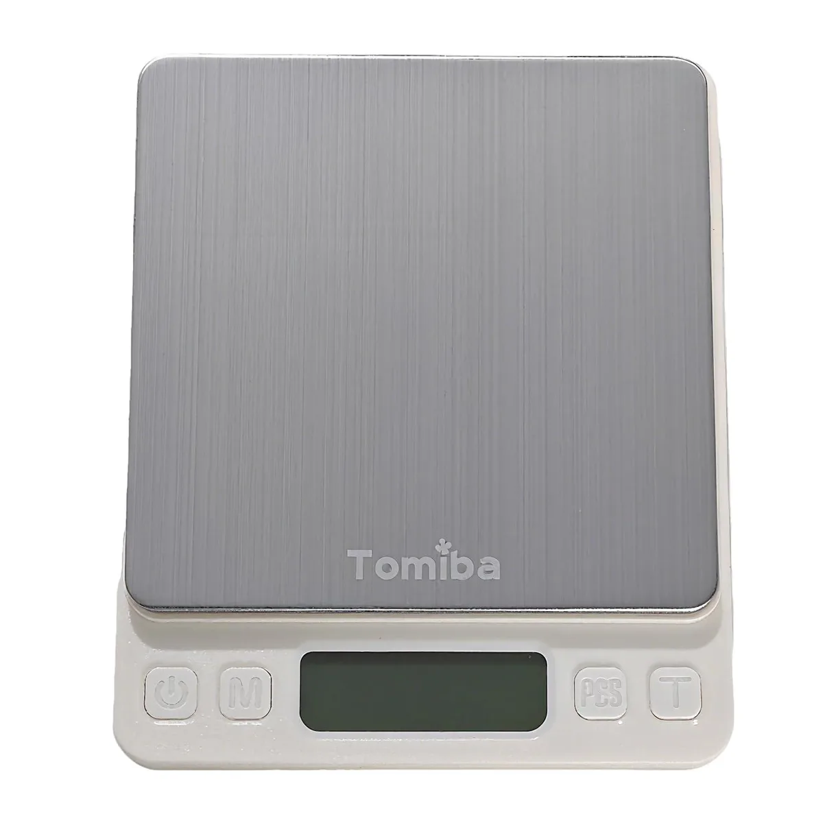 White compact digital scale with stainless steel platform and backlit LCD display