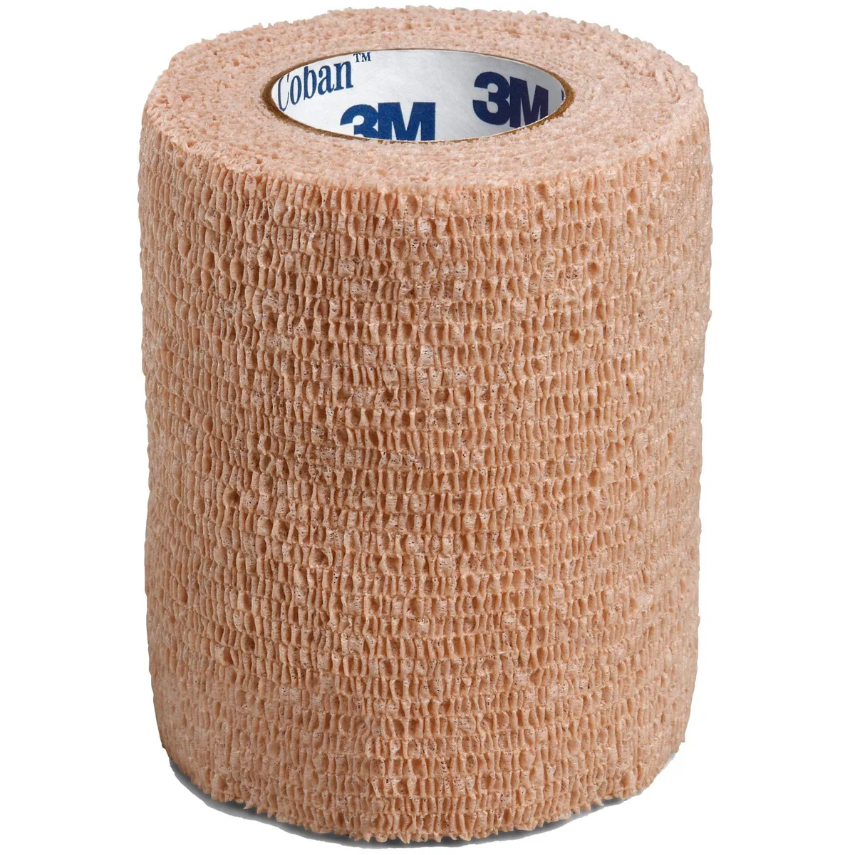 A roll of tan elastic self-adhesive wrap, three inches wide