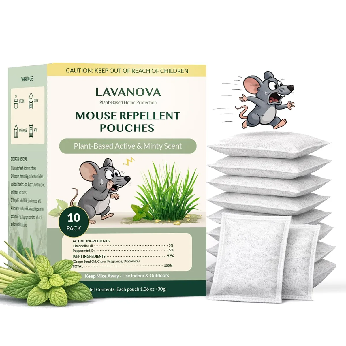 Ten peppermint rodent repellent pouches in a pack
