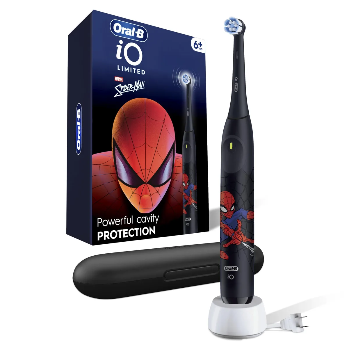 Black electric toothbrush with Spiderman design, round brush head, travel case included