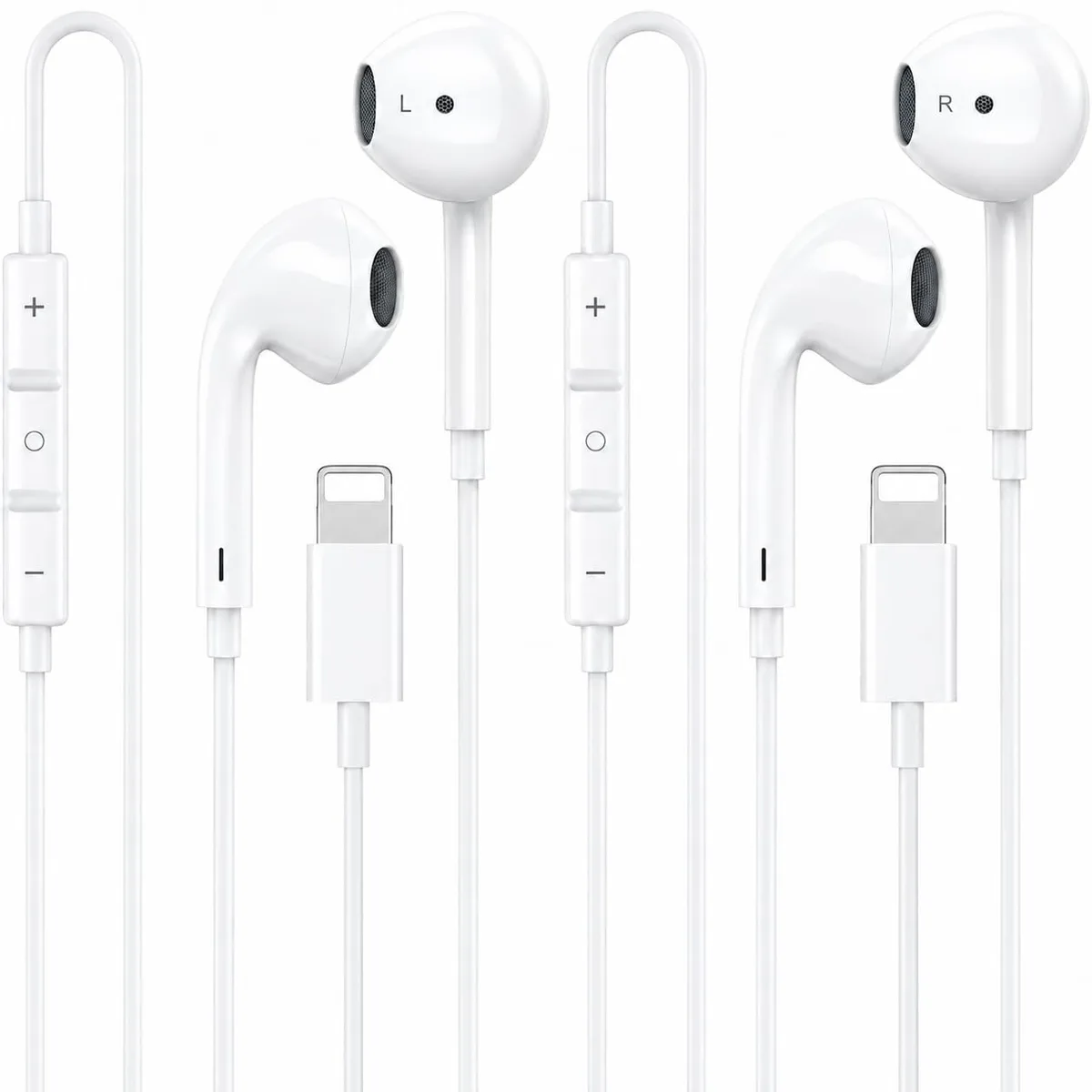 Two pairs of ivory in-ear wired earbuds with Lightning connectors and inline remotes