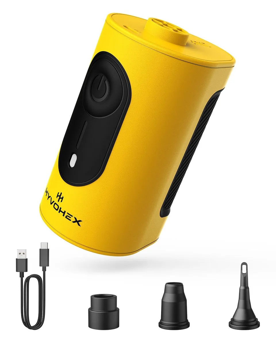 Compact black handheld air pump with three nozzle attachments and USB-C port