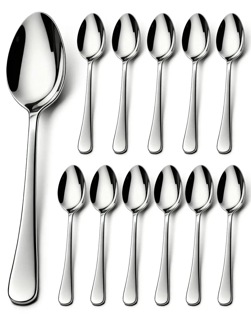 Twelve small silver stainless steel spoons with classic handles, 11.3 cm long
